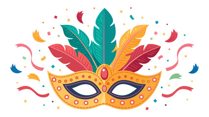 Vibrant carnival mask with feathers and confetti, a festive design for party invitations and event promotions