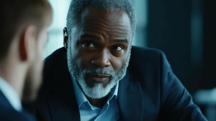 Businessman with beard and grey hair concentrating on discussion.