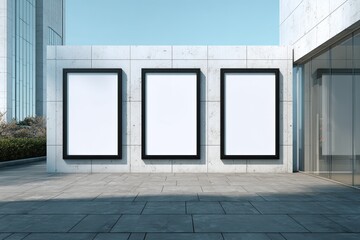 Modern blank billboard displays on a light stone wall