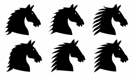 Stunning horse head silhouettes, perfect for equestrian designs, branding, or majestic logos. Elegant and powerful, this vector art captures equine grace.