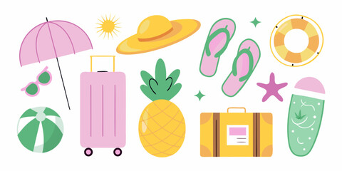 Summer vacation essentials colorful collection of beach and travel items