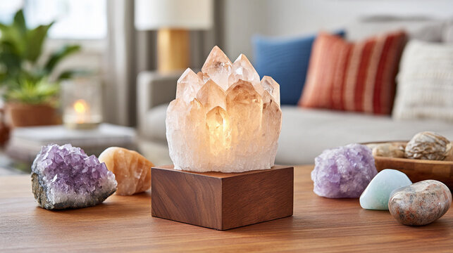Crystal healing setup with various gemstones and a lit crystal cluster at home for wellness energy balance - Powered by Adobe