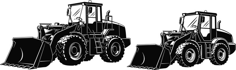 Detailed front-end wheel loader construction machinery silhouette, vector graphic illustration for heavy industrial, earthmoving, material handling, and mining projects.