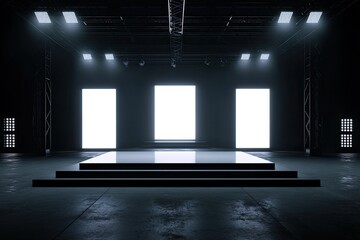 Industrial stage with bright lights and blank screens
