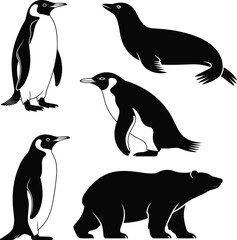 Arctic and Antarctic animal silhouettes, penguins, seal, polar bear illustration set, wildlife graphic elements for education, decoration, nature projects, digital design
