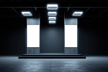 Dark industrial interior with blank displays