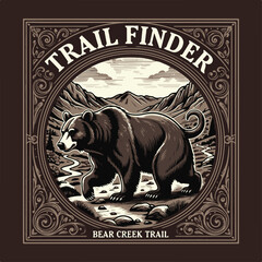 Vintage logo badge of big grizzly bear trail mountain pine tree forest. Old retro editable vector illustration for tshirt design