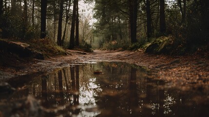 Reflective puddle on a muddy forest path after rain.