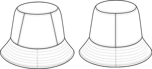 Bucket hat technical drawing, fashion flat sketch, detailed sewing pattern illustration, apparel design template, clothing accessory outline for garment designers