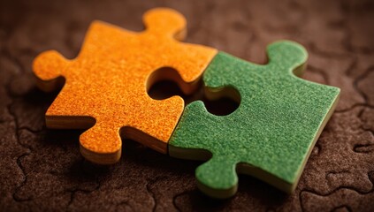 Two puzzle pieces, orange and green, nearly joined