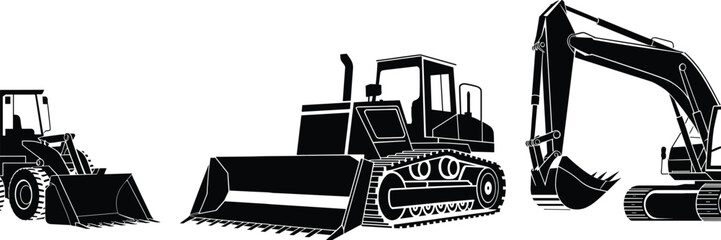 Heavy construction machinery trio silhouette, featuring wheel loader, tracked bulldozer, and excavator vector graphics for earthmoving and site development projects.