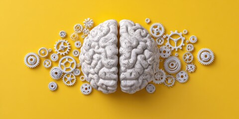 A divided brain, surrounded by gears