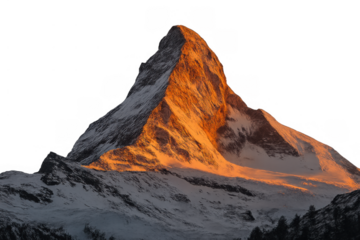 Matterhorn mountain peak standing against a transparent background, catching the warm orange light of the setting sun