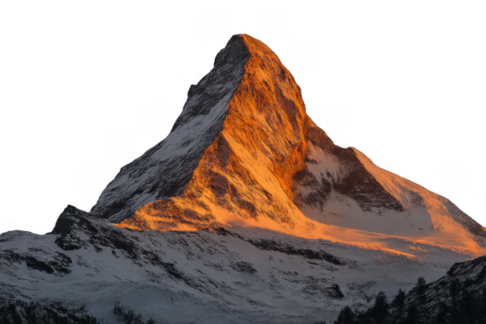 Matterhorn mountain peak standing against a transparent background, catching the warm orange light of the setting sun