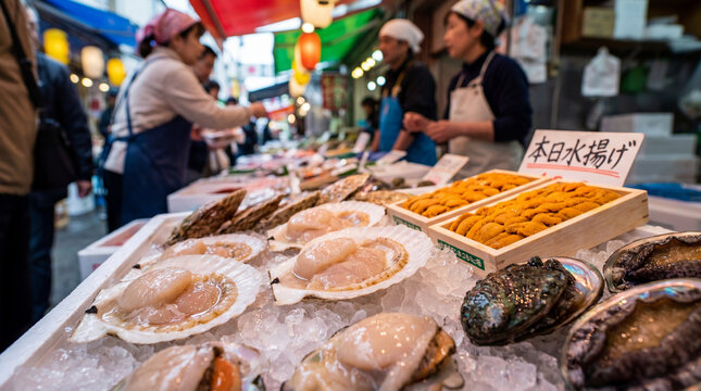漁港の朝市に並ぶ魚介類