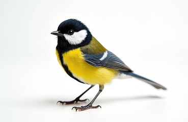 Obraz premium Great tit stands on white background. Parus major close up. Black yellow bird wildlife represents spring. Cute symbolises joy and optimism. Songbird with plumage sits alone. Wild animal.