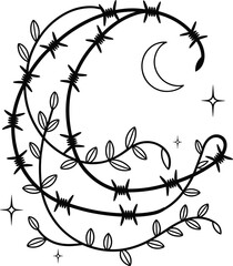Crescent moon illustration, barbed wire wrapped design with leafy vines, mystical celestial artwork, decorative night symbol vector, black and white graphic