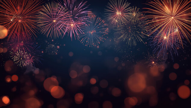 Vibrant, multicolored fireworks exploding against a soft bokeh background - Powered by Adobe