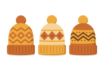 Three knitted winter hats with pom-poms and colorful geometric patterns
