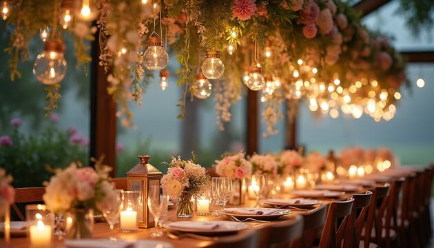 Whimsical wedding reception table setup with hanging string lights, fresh flowers. Romantic dinner setting shows glowing candles, golden lanterns, elegant floral centerpieces, cascading greenery.