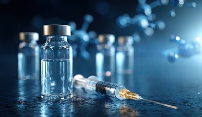 Pharmaceutical vials and syringe on a dark surface. Abstract molecules float around