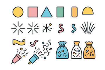 Colorful party icons collection featuring geometric shapes, confetti, streamers, and gift bags