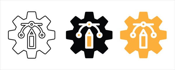 Graphic design and development settings icon set with gear and pen tool