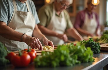Senior people in aprons chop fresh vegetables for cooking class. Group learns healthy recipes in community kitchen. Elders prepare food together, focused on lesson.