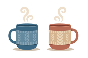 Pair of steaming coffee mugs wrapped in warm knitted sweater sleeves for winter comfort