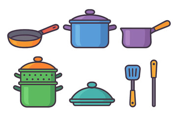 Assortment of essential cooking equipment and kitchen utensils in bright colors on white background
