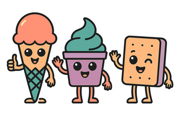 Cute cartoon dessert characters standing together including ice cream cone, frozen yogurt cup, and sandwich cookie