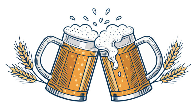 Craft beer cheers illustration featuring two frothy mugs clinking together for a festive celebration