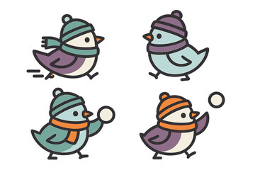 Cute cartoon birds wearing winter hats and scarves running and playing with snowballs