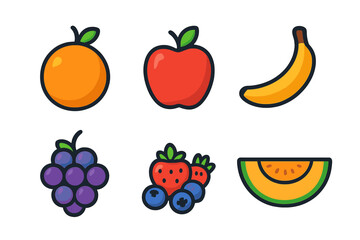 Colorful set of six fresh fruits: orange, apple, banana, grapes, berries, and melon slice