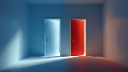 Two doors, one red, one light blue, in a room