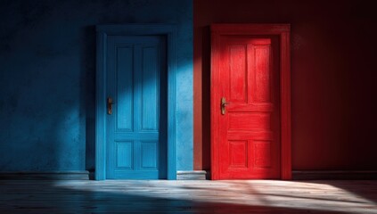 Two doors, one blue, one red, in a room with contrasting walls