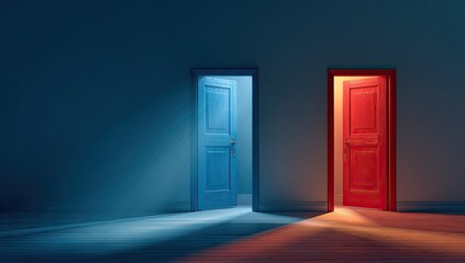 Two doors, one blue, one red, in a dark room, with light streaming out