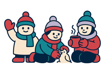 Cheerful friends bundled in warm winter clothing waving, playing with snow, and drinking hot cocoa