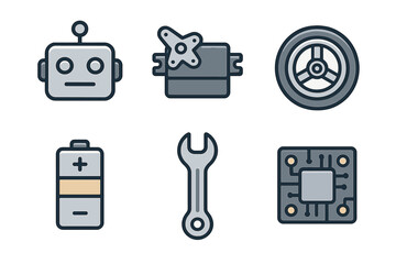 Set of essential robotics and engineering components including robot head, servo, wheel, battery, wrench, and microchip