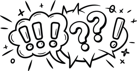 Doodle speech bubble illustration, hand-drawn exclamation and question marks with comic bursts and symbols, expressive black and white vector art