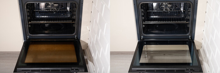 The oven inside the house before and after cleaning with a liquid that removes grease and burns.