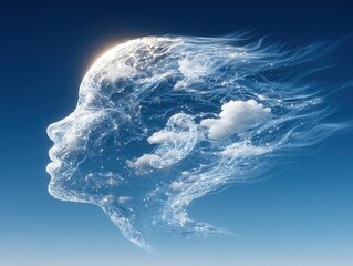A flowing celestial face shaped from clouds and luminous vapors drifts across a clear sky, merging human contours with airy light to evoke calm ethereal wonder