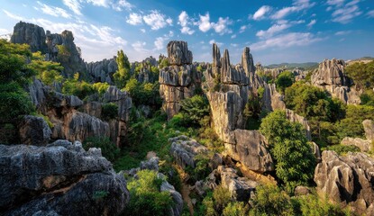 Dramatic rock formations in a lush landscape under a bright sky
