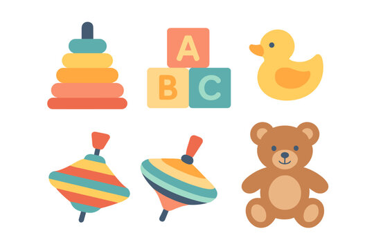 Colorful collection of classic baby and toddler toys: stacking rings, ABC blocks, rubber duck, spinning tops, and teddy bear