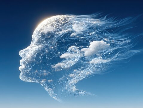 A flowing celestial face shaped from clouds and luminous vapors drifts across a clear sky, merging human contours with airy light to evoke calm ethereal wonder
