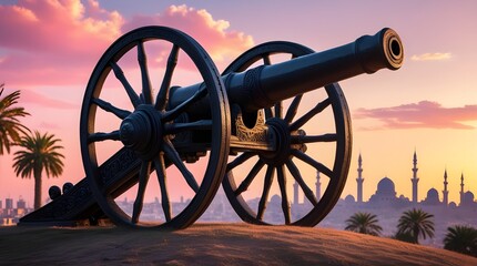 Ancient iron Iftar cannon on hill at sunset with city skyline for Ramadan concept