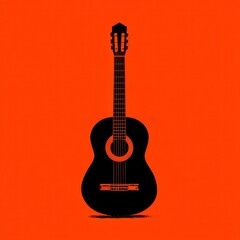 Obraz premium Silhouette of a black acoustic guitar centered on a bright orange background with a subtle distressed texture.