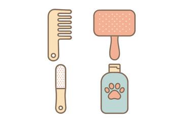 Essential pet grooming tools set with comb brush nail file and shampoo in pastel colors