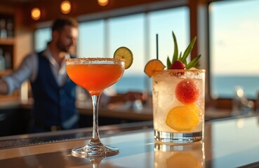 Luxury yacht bar counter with two cocktails. Bartender serves drinks in cruise. Orange, white cocktail glasses with fruit standing on counter at ocean travel. Summer vacation concept. Rich lifestyle.
