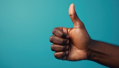 Dark skin hand shows thumbs up on blue background. Gesture agreement, like. Hand sign represents success, approval. Concept covers positive emotion, support, encouragement. Perfect for diverse
